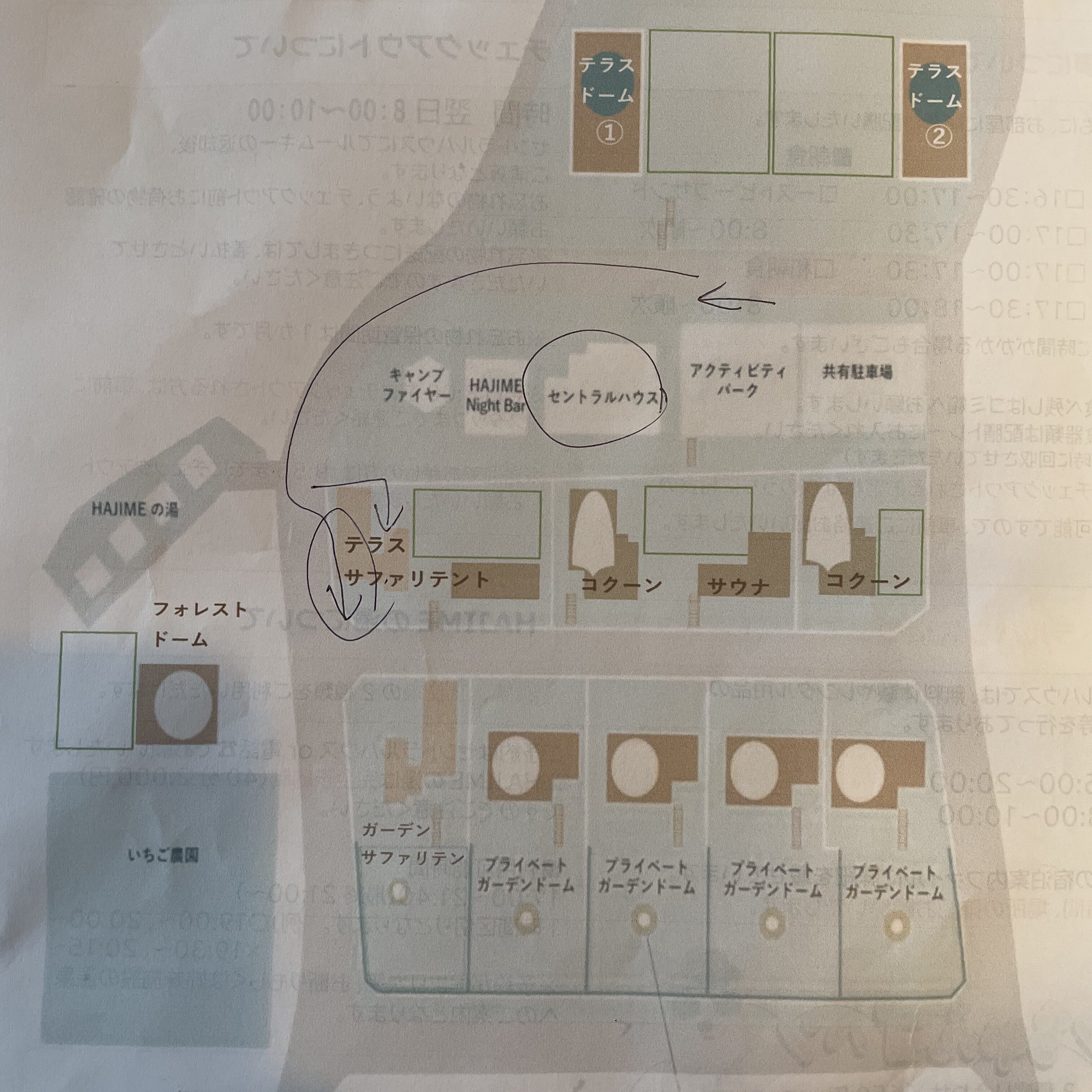 ドッグリゾートhajimeの敷地内の地図。テラスサファリのお部屋はセントラルハウスから近いので便利。