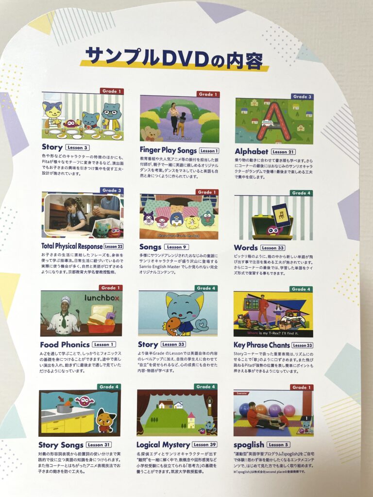 サンリオイングリッシュマスターの無料サンプルのDVDのパンフレット。12本の動画が入っている。